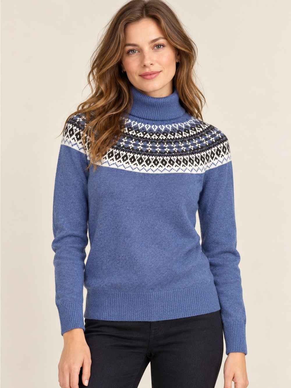 LL Bean Fair Isle Turtleneck Cotton Cashmere XS Blue White